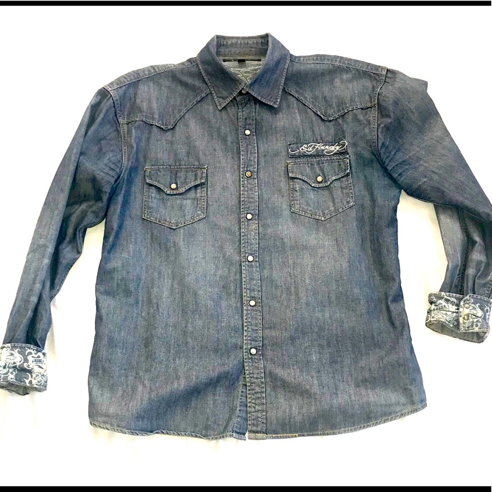 Ed Hardy Button-Down Denim “Tiger” Pear Snap Shirt